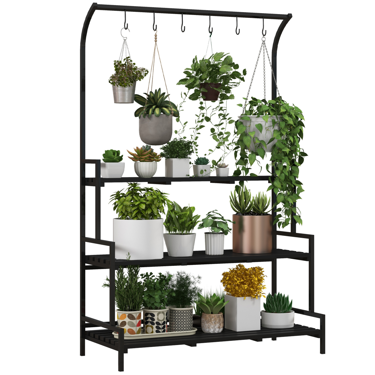 cortex-london-windsor-three-tier-black-plant-rack-with-hanging-hooks