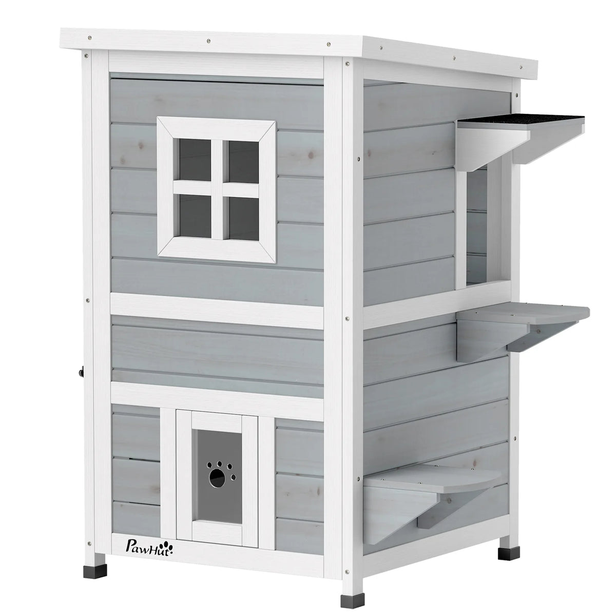PawHut Wooden Cat House 2-Floor Outdoor Kitten Shelter with 3 Doors and Window Grey