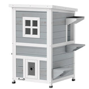 PawHut Wooden Cat House 2-Floor Outdoor Kitten Shelter with 3 Doors and Window Grey
