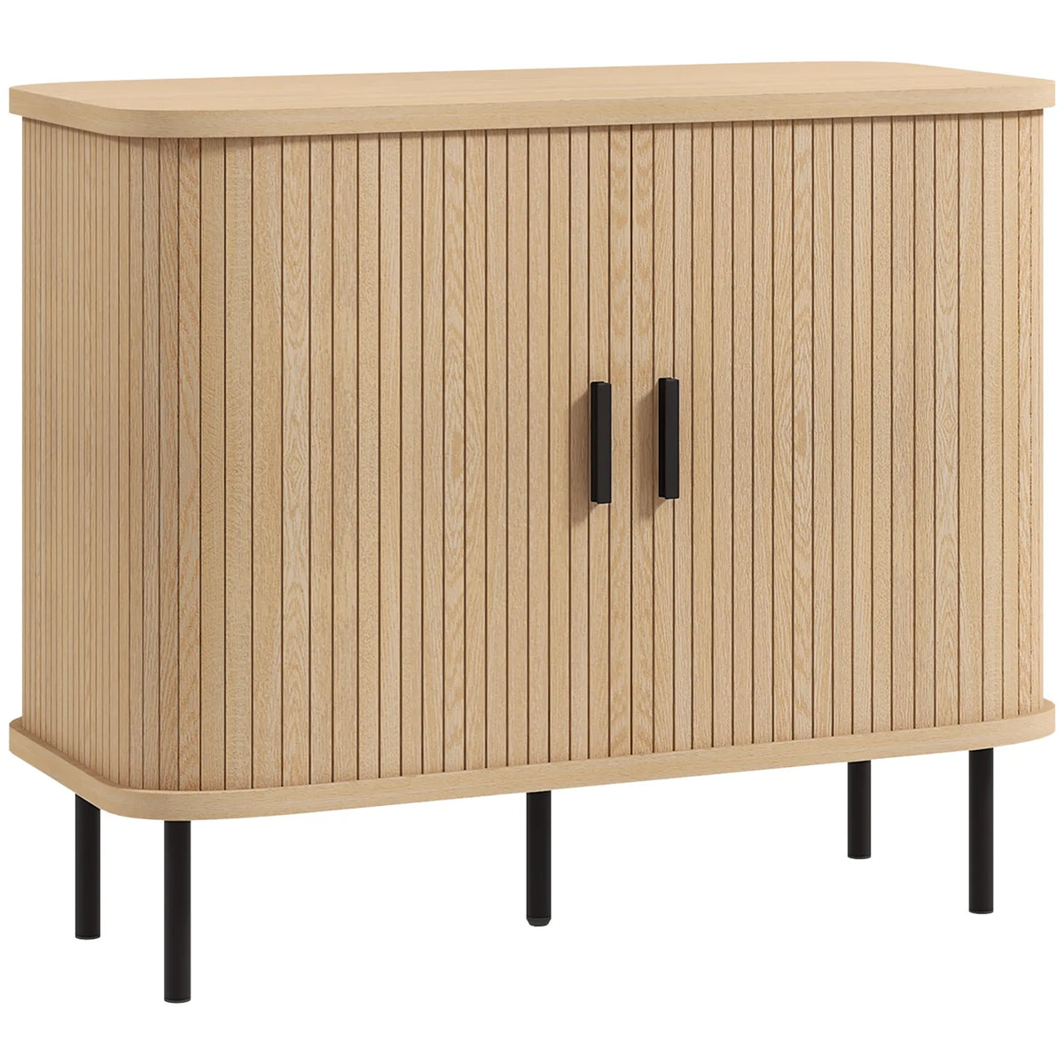 HOMCOM Mid-Century Modern Sideboard Storage Cabinet with Slatted Tambour Sliding Doors, Kitchen Cabinet with Steel Legs, Oak Tone