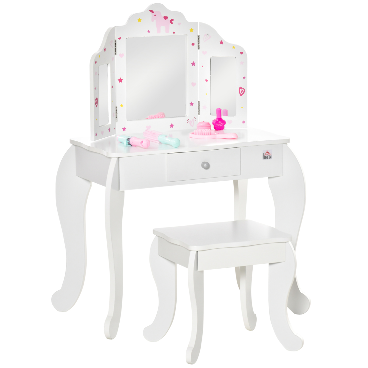 cortex-london-kensington-kids-vanity-table-stool-three-rotatable-mirrors-drawer-homcom