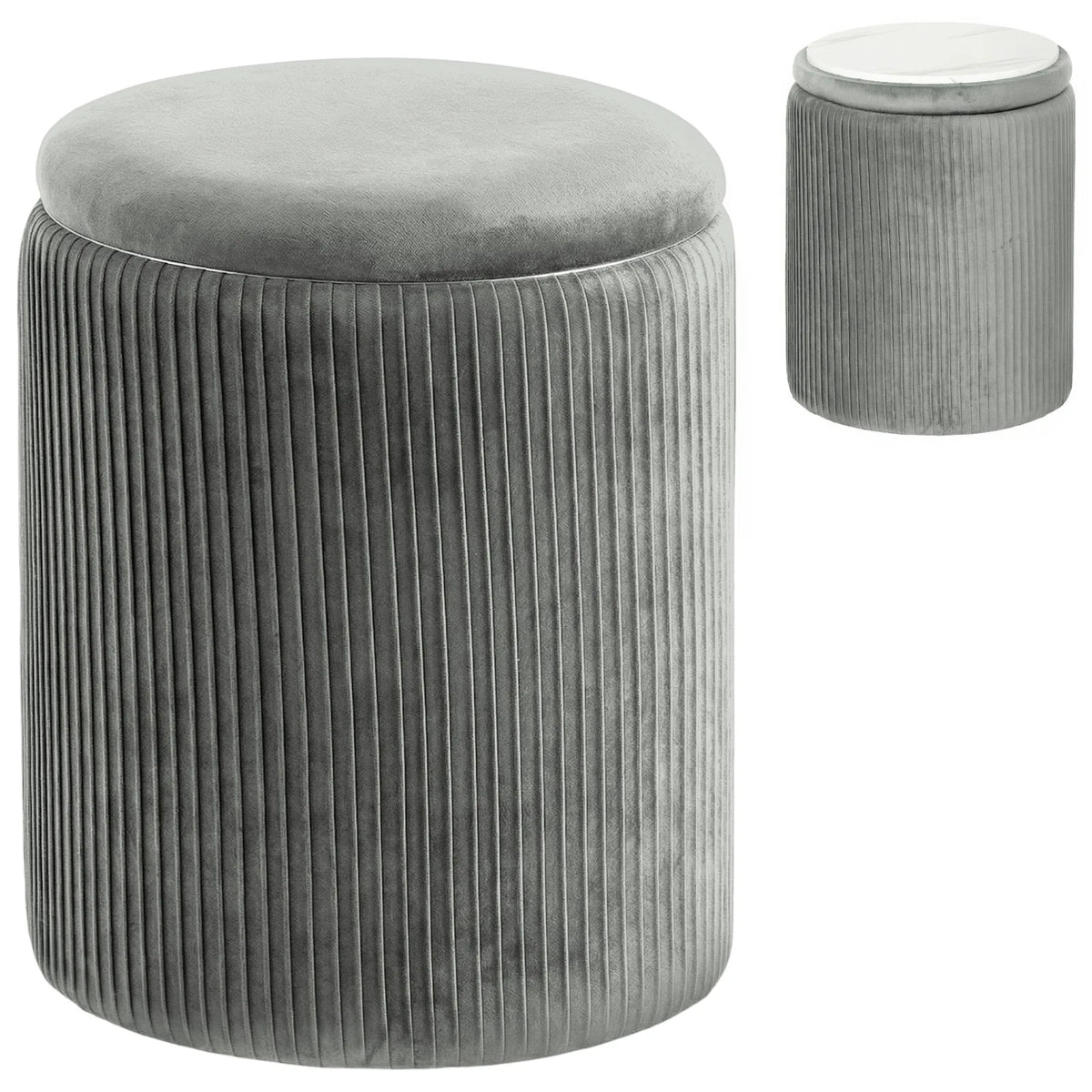 HOMCOM Storage Ottoman Modern Velvet Round Foot Stool for Living Room Bedroom 45 cm Grey