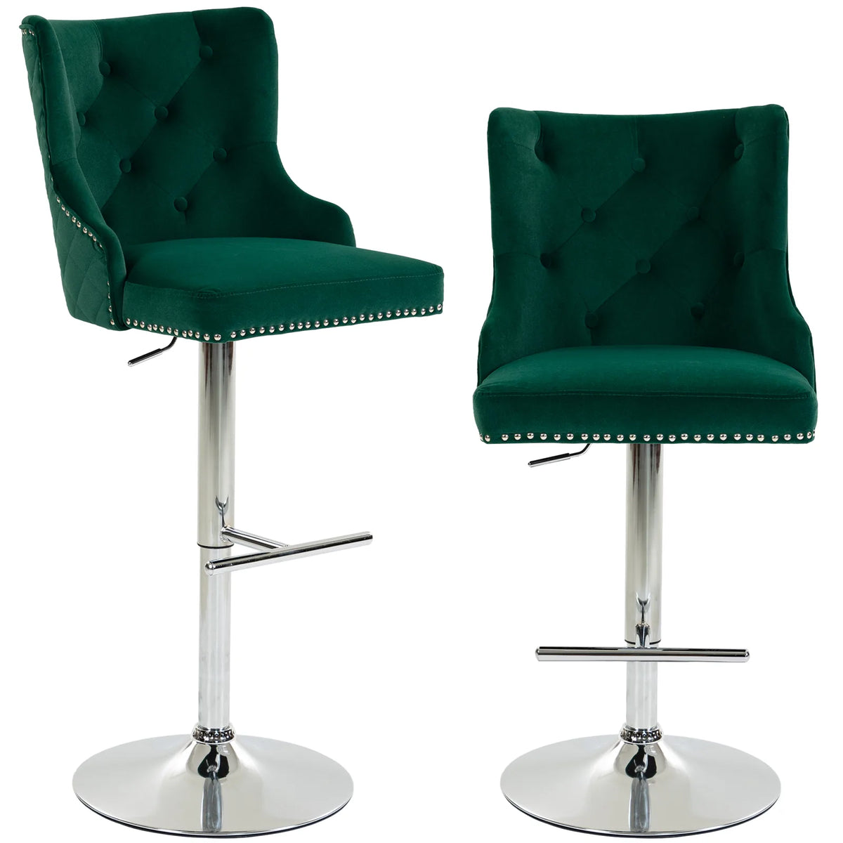 HOMCOM Bar Stools Set of 2, Modern Swivel & Adjustable Velvet Barstools with Button-Tufted Back, Footrest for Home Bar, Green