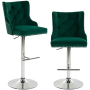 HOMCOM Bar Stools Set of 2, Modern Swivel & Adjustable Velvet Barstools with Button-Tufted Back, Footrest for Home Bar, Green