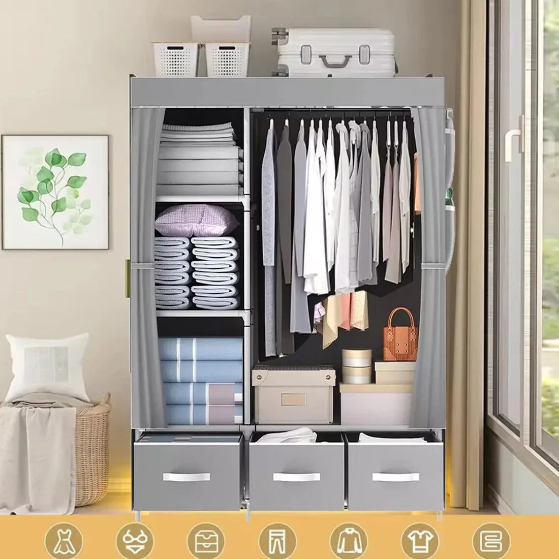 Large Fabric Canvas Wardrobe with Clothes Hanging Rail Shelving Storage Closet