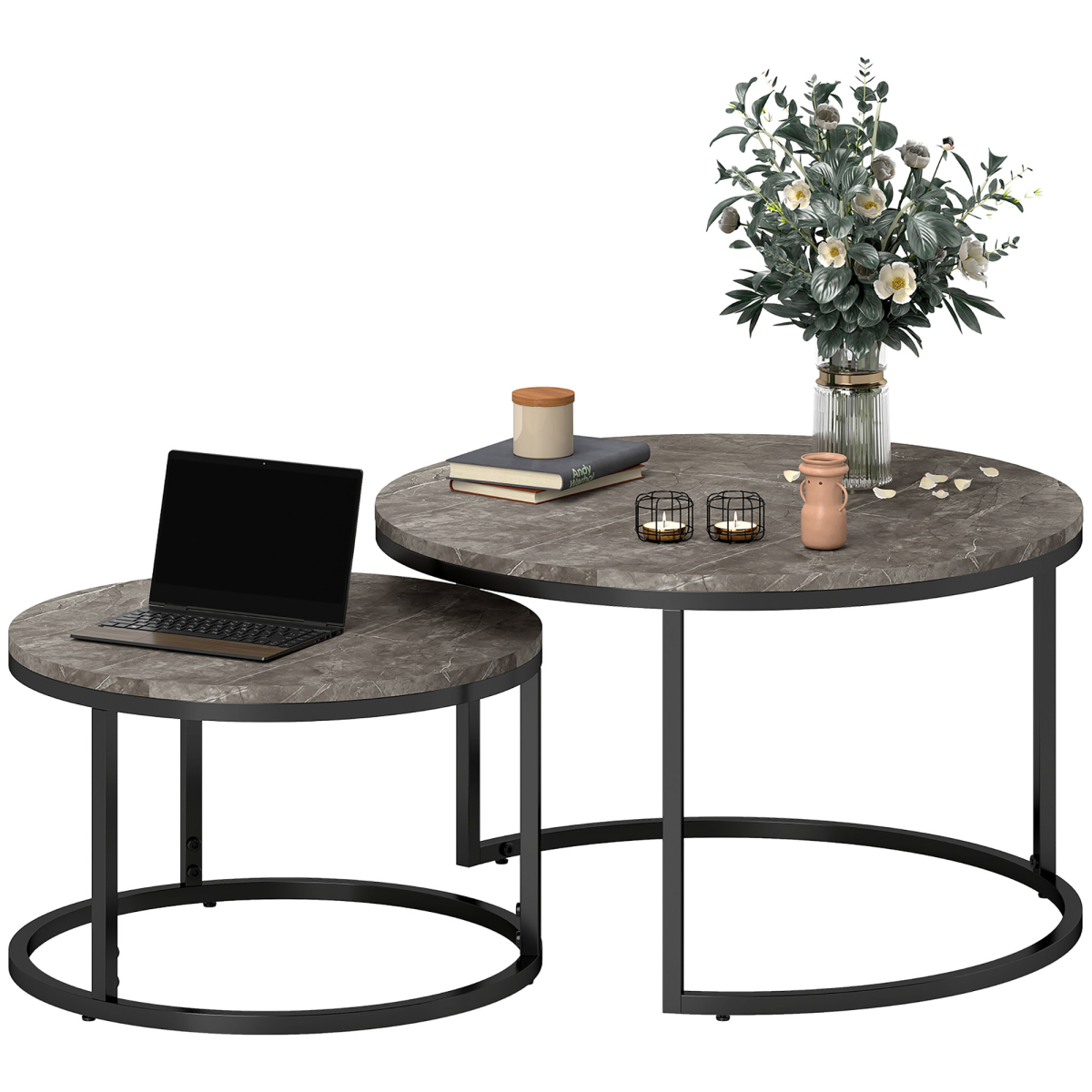 HOMCOM 2 Pcs Stacking Coffee Table Set Steel Frame Marble-Effect Top Foot Pads