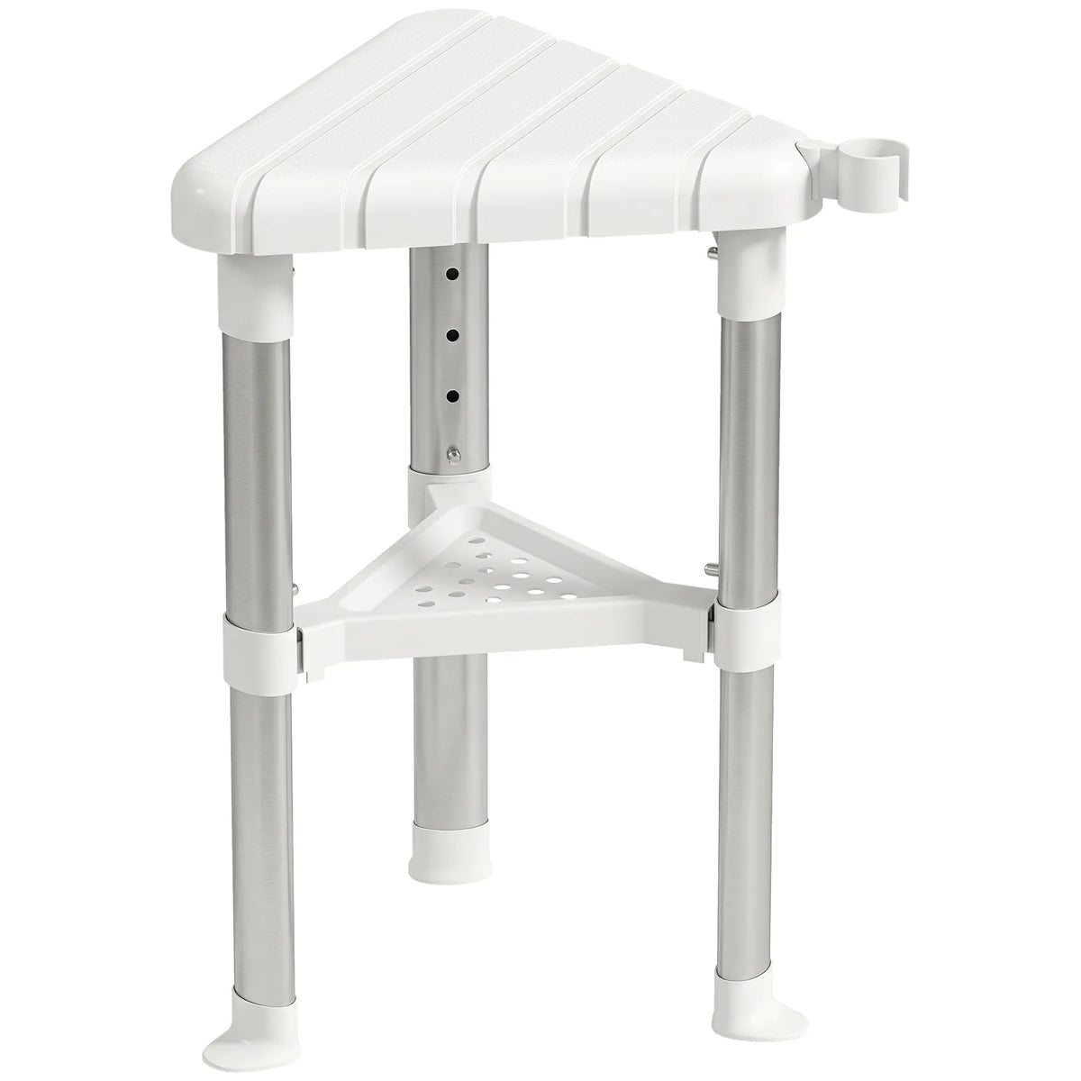 HOMCOM Shower Stool, Aluminium Alloy Corner Shower Chair with Storage Shelf and HDPE Seat, Adjustable Height, White