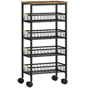 HOMCOM Metal Kitchen Trolley, 4-Tier Storage Trolley with Pull-Out Baskets and 4 Swivel Casters for Kitchen, Rustic Brown