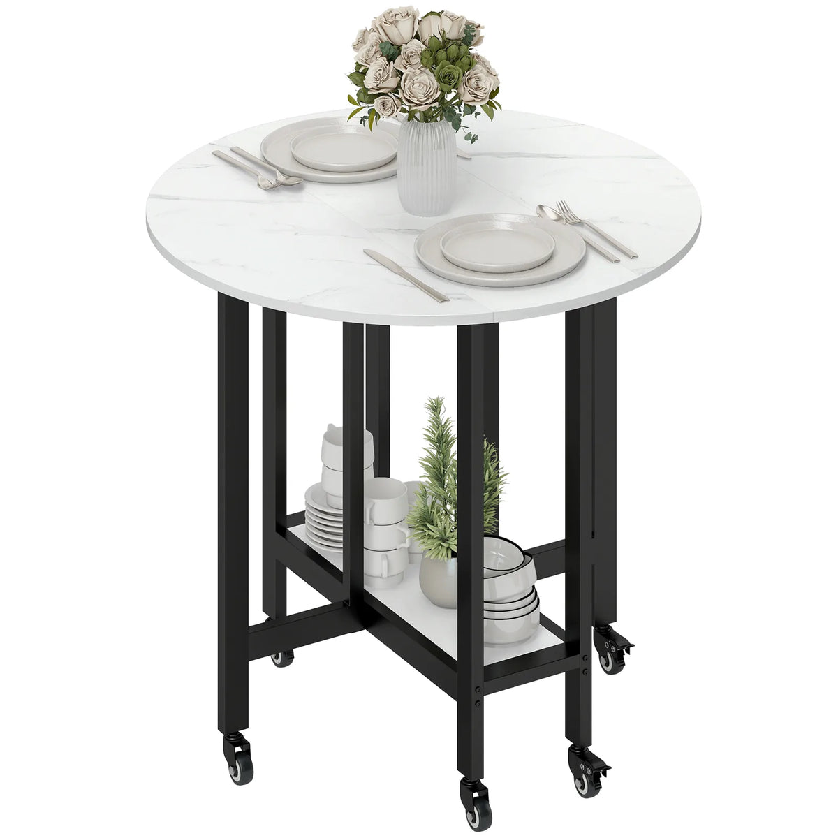 HOMCOM Folding Dining Table, Drop Leaf Table with Open Shelf, Rolling Kitchen Table for Dining Room, Small Spaces, White Marble