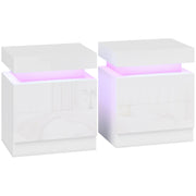 HOMCOM White Bedside Table with LED Light, High Gloss Front Nightstand with 2 Drawers, for Living Room, Bedroom, Set of 2