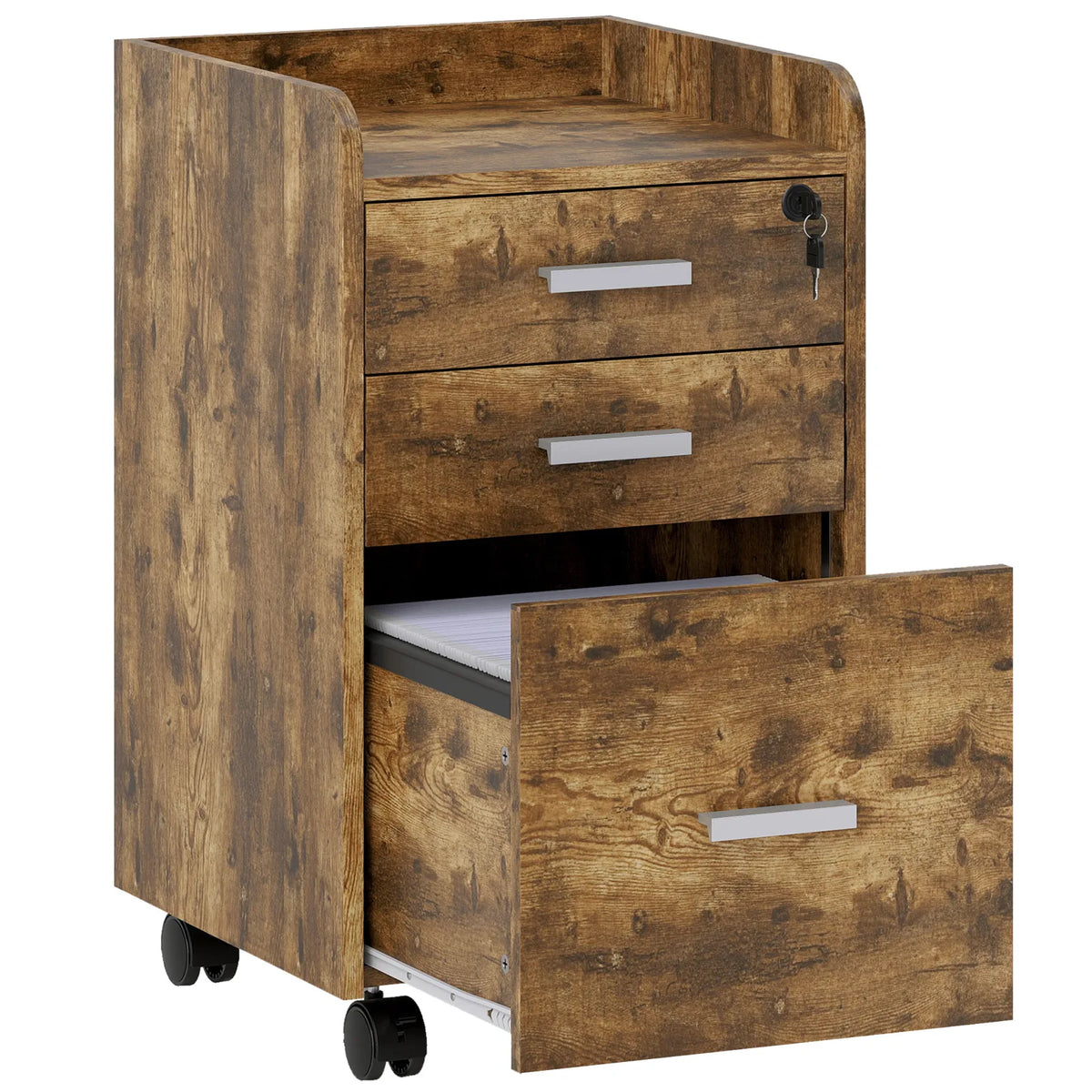HOMCOM 3 Drawer Filing Cabinet with Lock, Rolling File Cabinet with Edged Top for Letter, A4 Size, Hanging File Folders