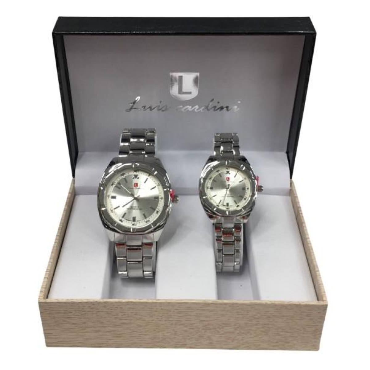 Luis Cardini Couple Mens & Ladies Round/Square Silver Dial Silver Bracelet Watch Gift Set