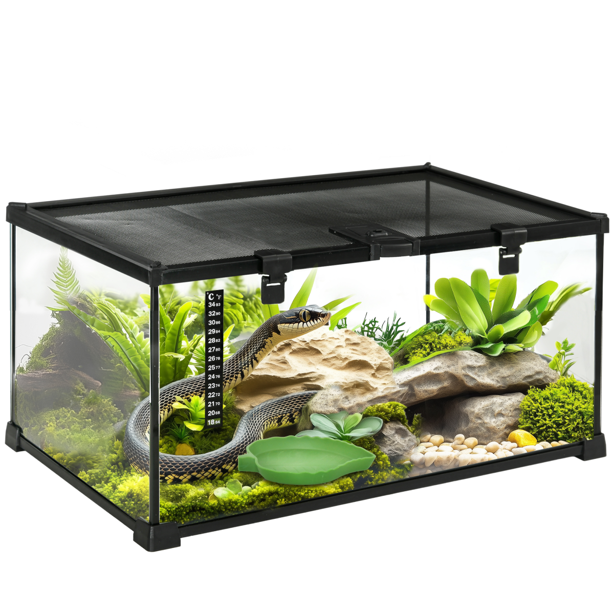cortex-london-windsor-pawhut-glass-reptile-terrarium-with-wire-mesh-top-and-leaf-shaped-water-basin