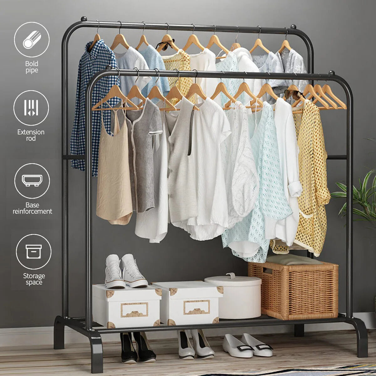 Heavy Duty Double Clothes Rail Hanging Rack Garment Display Stand Shoes Storage