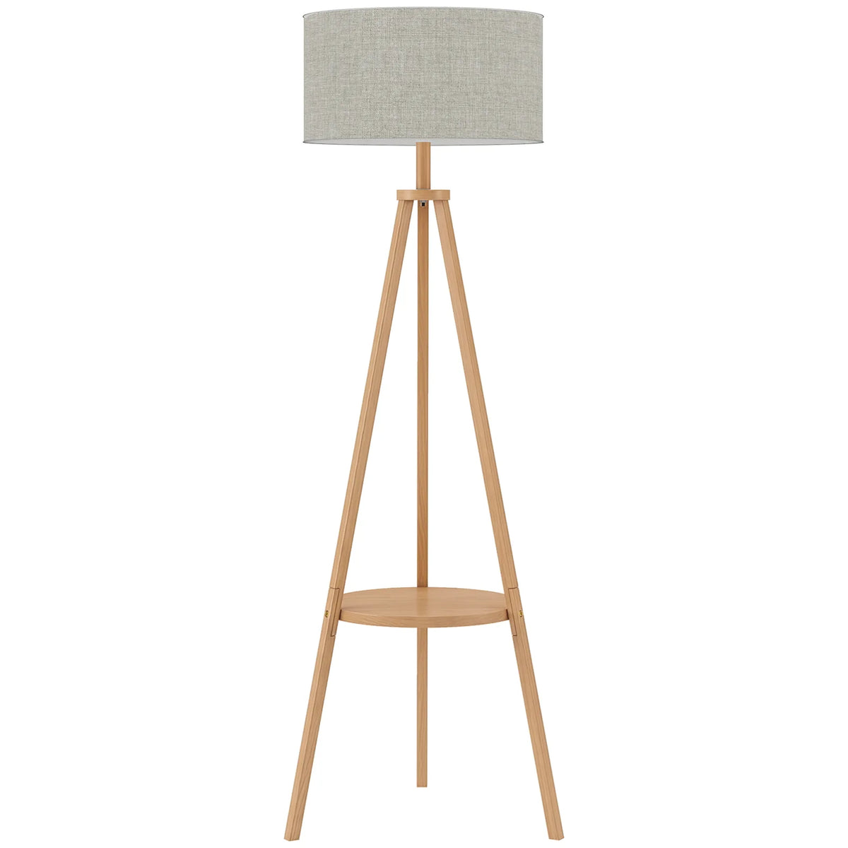 HOMCOM Bedside Light, Tripod Floor Lamp with Storage Shelf and Linen Shade for Living Room, 160cm, Natural Wood Colour