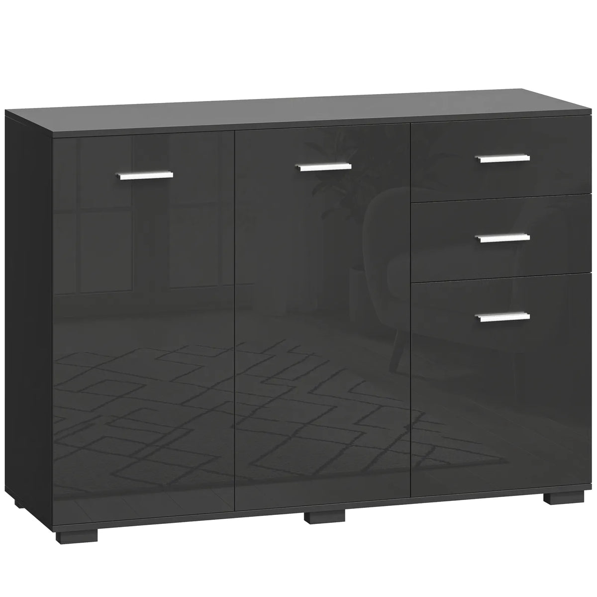 HOMCOM Sideboard, Modern Storage Cabinet with 2 Drawers, 3 Doors and Adjustable Shelves, High Gloss Black