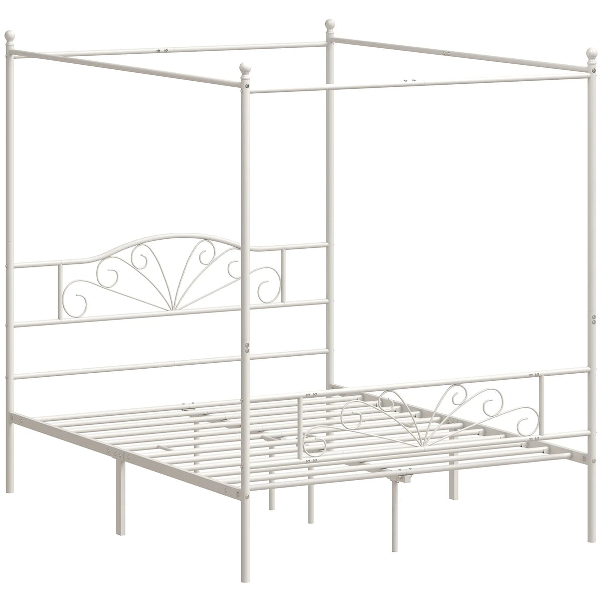 HOMCOM Canopy Bed Frame King Size, Metal Platform Bed Frame with Headboard and Footboard, Underbed Storage, White