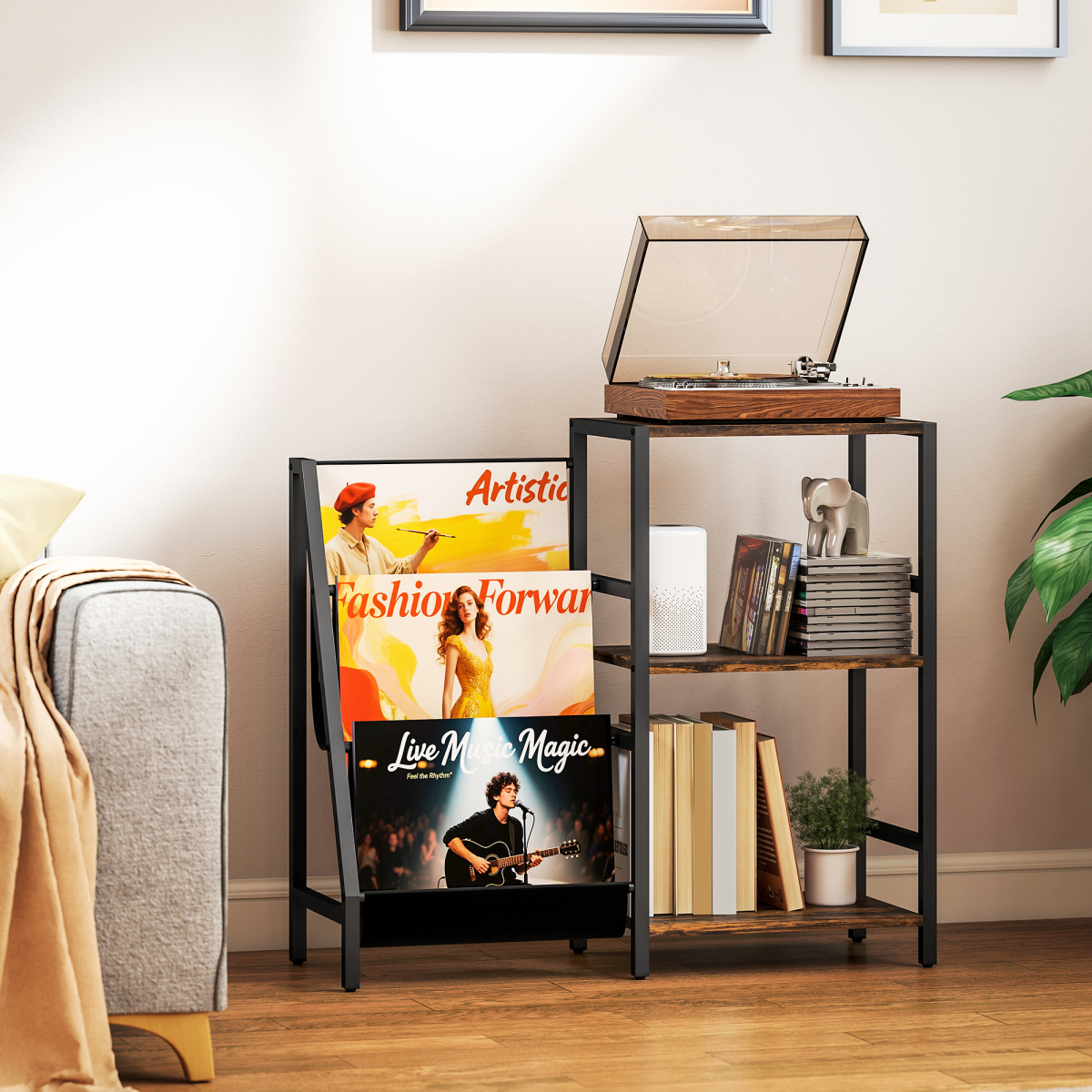cortex-london-oxford-record-player-stand-rustic-brown-three-shelves-magazine-racks