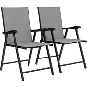 Outsunny Folding Garden Chairs Set of 2, Foldable Garden Dining Chairs with High Back, Armrests, Texteline Seat, Light Grey