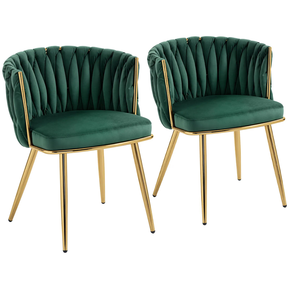 HOMCOM Velvet-Feel Dining Chairs Set of 2, Modern Upholstered Armchair with Knot Design and Golden Metal Legs, Accent Chair for Dining Room, Bedroom, Kitchen, Living Room, Dark Green