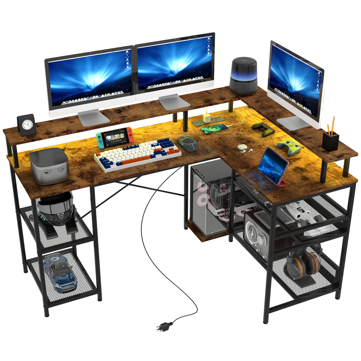 cortex-london-windsor-l-shaped-gaming-desk-led-lights-power-outlets-rustic-brown