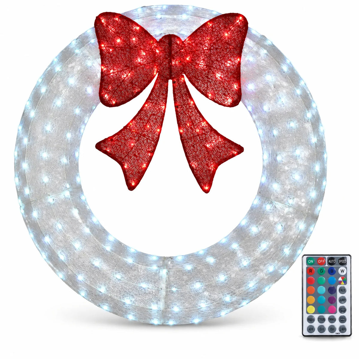 48in Pre-Lit Outdoor Christmas Wreath Decoration, LED Metal Holiday Decor for Home Exterior, Garden w/ 224 Lights, Bow - White/Red
