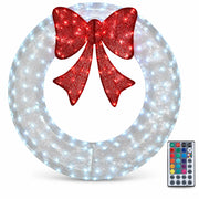 48in Pre-Lit Outdoor Christmas Wreath Decoration, LED Metal Holiday Decor for Home Exterior, Garden w/ 224 Lights, Bow - White/Red