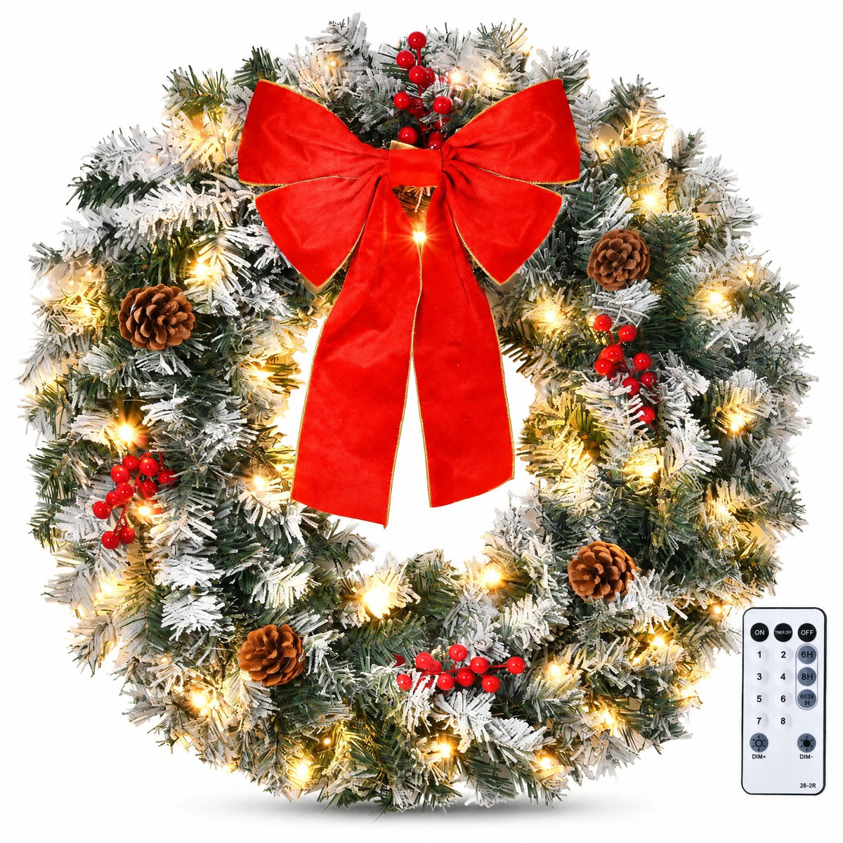 36in Pre-lit Snow Flocked Christmas Wreath, Lighted Artificial Xmas Wreath with 100 Warm Lights and 300 PVC Tips and Bow Red Berries Pine Cones, for Front Door Gate Wall Xmas Party Decorations