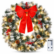 36in Pre-lit Snow Flocked Christmas Wreath, Lighted Artificial Xmas Wreath with 100 Warm Lights and 300 PVC Tips and Bow Red Berries Pine Cones, for Front Door Gate Wall Xmas Party Decorations