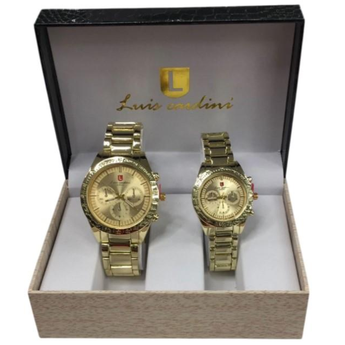 Luis Cardini Couple Mens & Ladies Round Gold Dial Gold Bracelet Watch Gift Set