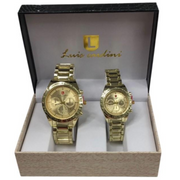 Luis Cardini Couple Mens & Ladies Round Gold Dial Gold Bracelet Watch Gift Set