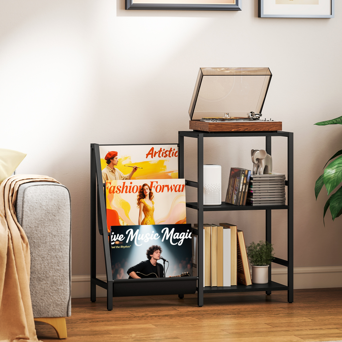 cortex-london-windsor-record-player-stand-black-wood-effect-three-shelves-magazine-racks
