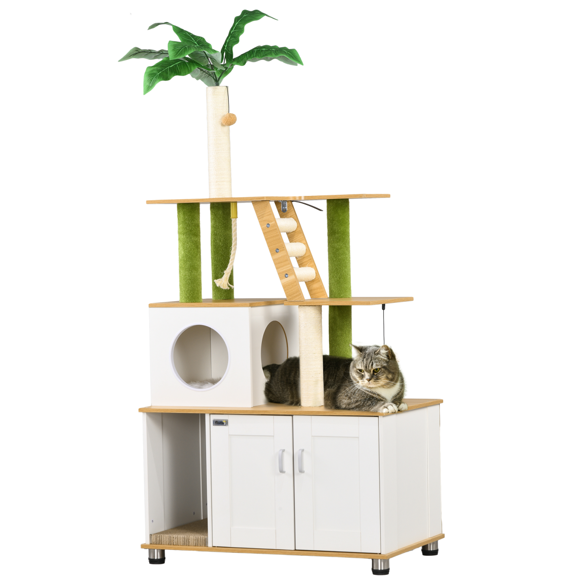 PawHut 2 in 1 Hidden Litter Box with Green Leaf Cat Tree, Indoor, Oak