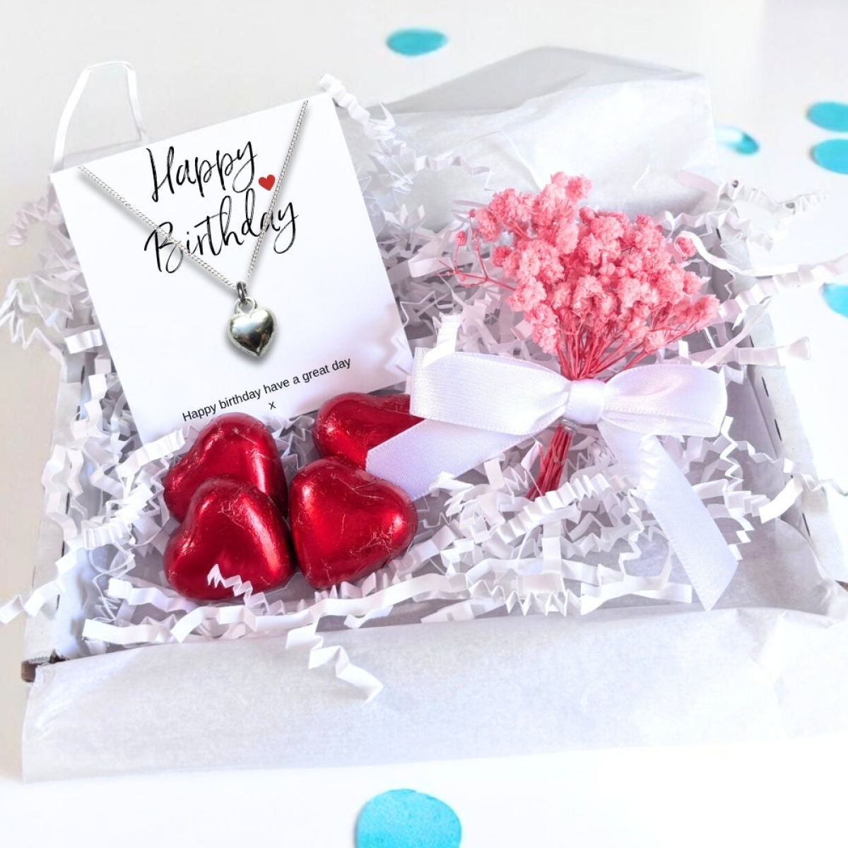 Happy Birthday Mini Gift Hamper with Silver Heart Necklace | Letter Box Gift For Her | Unique Gifts For Her Birthday, Thank you or Christmas UK