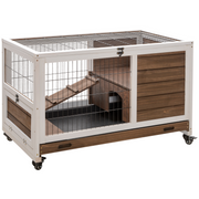 PawHut Wood Indoor Rabbit Hutch Elevated 2-Floor Guineas Pigs Cage w/ Wheels and with openable Roof