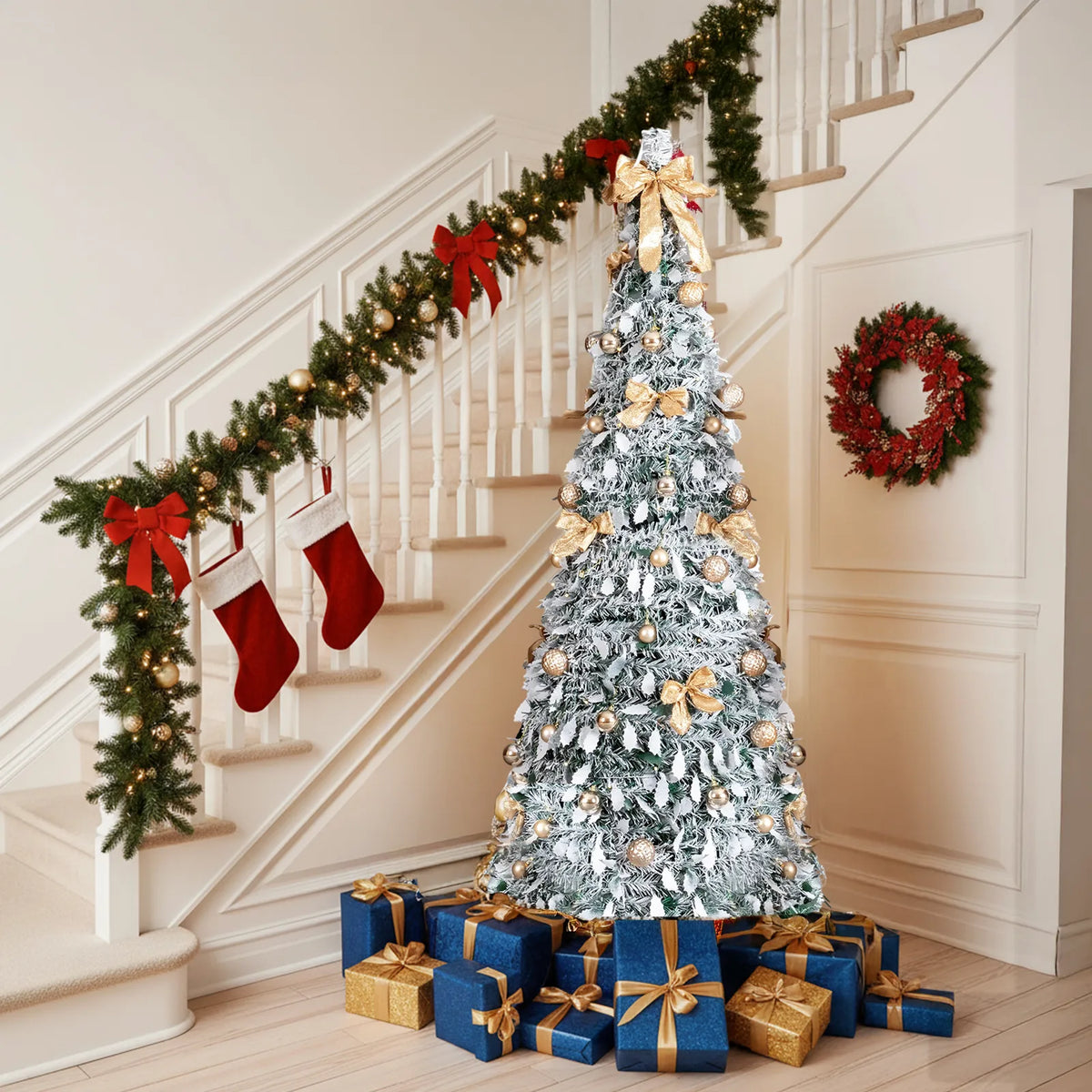 6 FT Snow Flocked Pre-lit Artificial Pop Up Christmas Tree with 100 Warm Lights and Golden Ornaments for Home Office Store Holiday Deco, Snowy Green