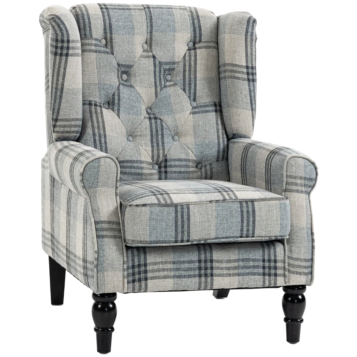HOMCOM Faux Linen Armchair with Thick Spring Cushion, Wingback Accent Chair with High Back, Solid Wood Legs, Mixed Plaid