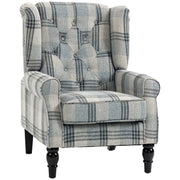 HOMCOM Faux Linen Armchair with Thick Spring Cushion, Wingback Accent Chair with High Back, Solid Wood Legs, Mixed Plaid