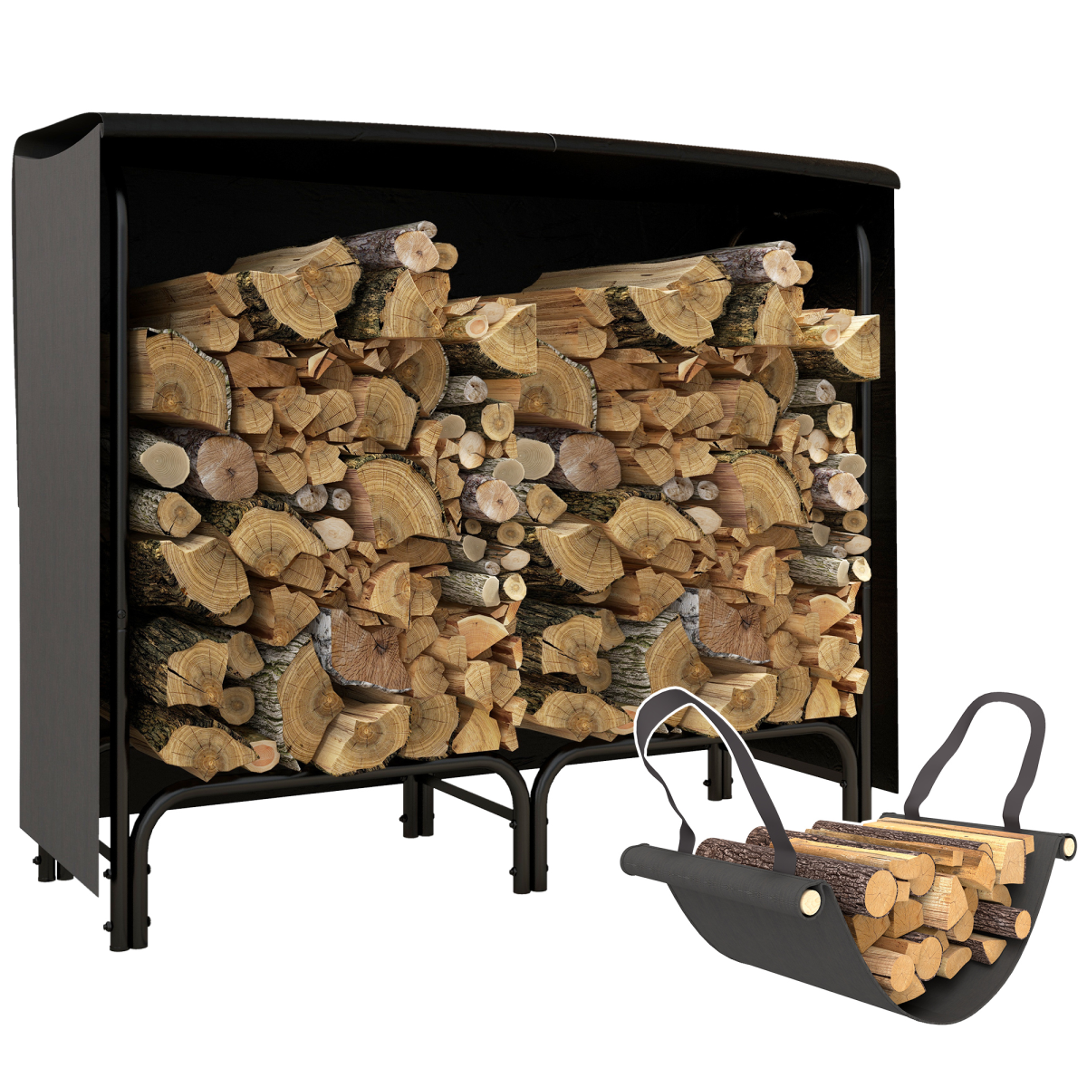 Robin 4FT Firewood Rack Holder W/ Canvas Carrier and Oxford Cover, Black