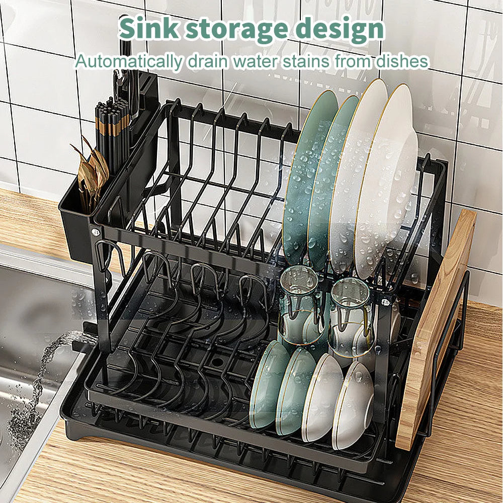 2 TIER KITCHEN SINK DISH DRAINER RACK WITH DRIP TRAY CUTLERY HOLDER PLATE RACK