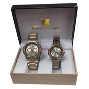Luis Cardini Couple Mens & Ladies Round Silver/Rose 2 Tone Dial 2 Tone Bracelet Watch Gift Set