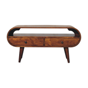 Artisan Furniture Solid Wood Chestnut Circular TV Stand, 2 Drawers, 1 Open Slot, Dark Brown