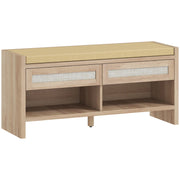 HOMCOM Boho Shoe Bench with 2 Rattan Drawers, Shoe Storage Bench with Cushioned Seat and Open Shelf Oak Wood Effect