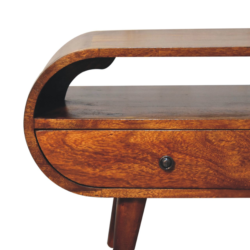 Artisan Furniture Solid Wood Chestnut Circular TV Stand, 2 Drawers, 1 Open Slot, Dark Brown