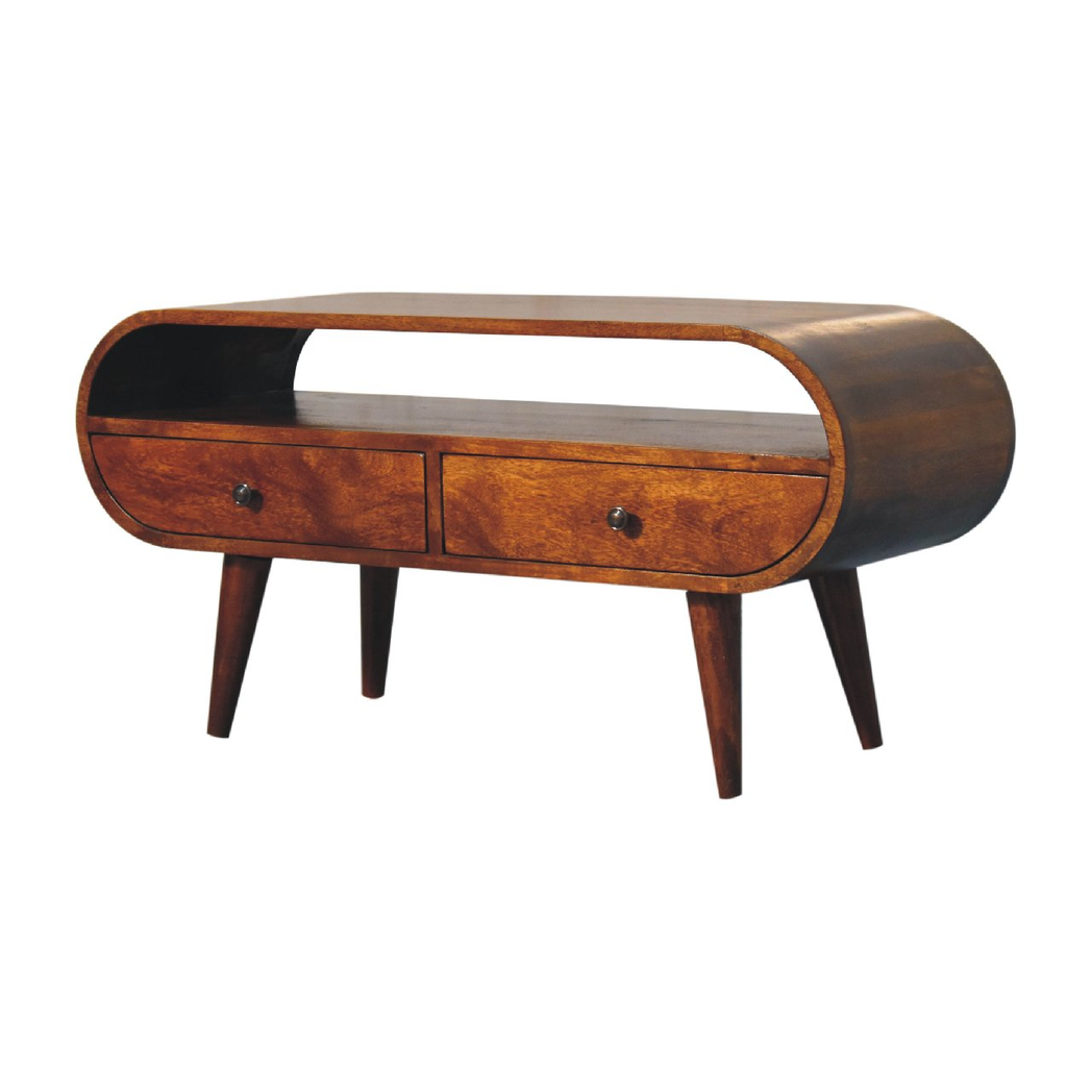 Artisan Furniture Solid Wood Chestnut Circular TV Stand, 2 Drawers, 1 Open Slot, Dark Brown
