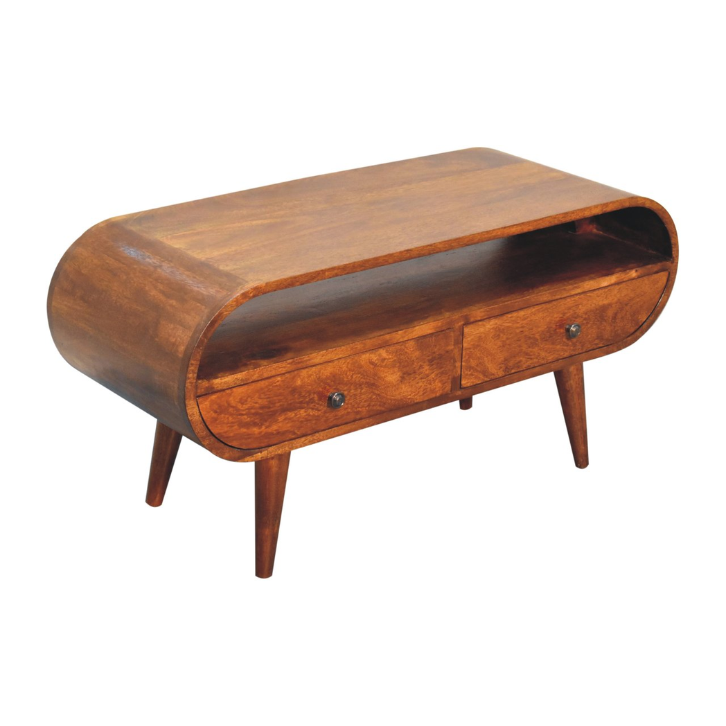 Artisan Furniture Solid Wood Chestnut Circular TV Stand, 2 Drawers, 1 Open Slot, Dark Brown
