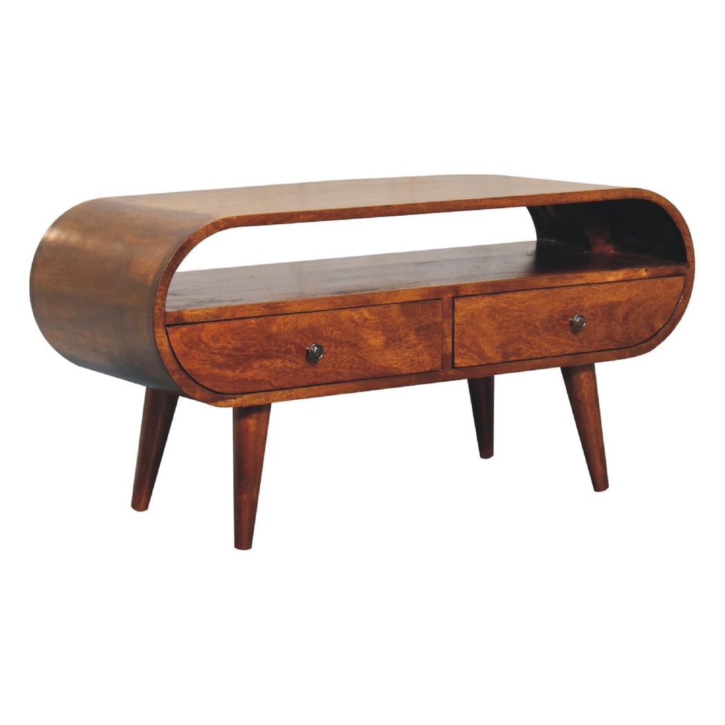 Artisan Furniture Solid Wood Chestnut Circular TV Stand, 2 Drawers, 1 Open Slot, Dark Brown
